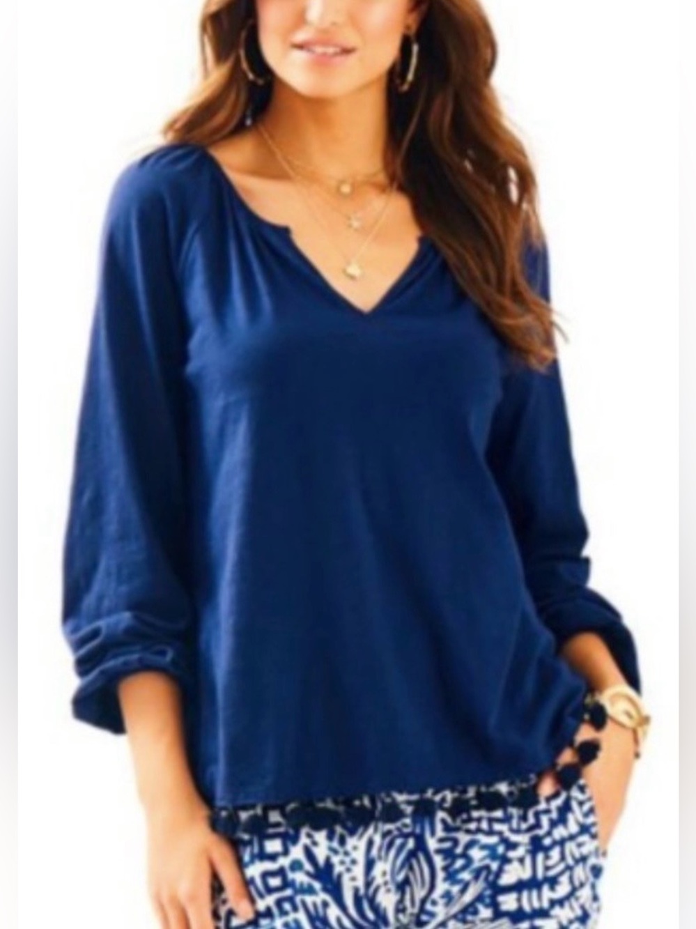 Lilly Pulitzer Women’s True Blue Linzy Long Sleeve Deep Split V-Neck Top Tunic M
